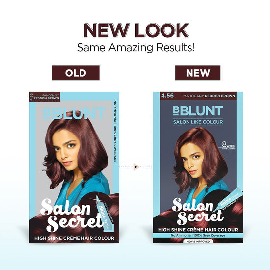 BBlunt Salon Secret High Shine Crème Hair Colour Mahogany Reddish Brown 4.56 packaging.