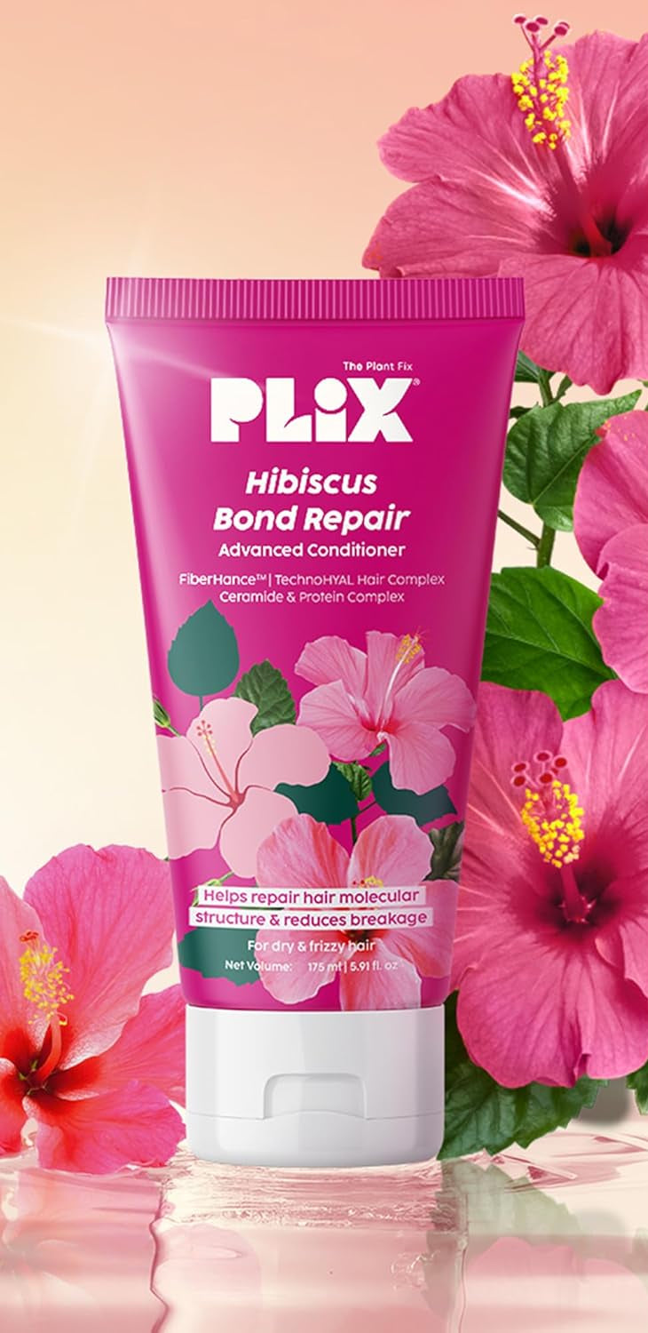 Plix Hibiscus Bond Repair conditioner with pink flowers and product details on a pink background