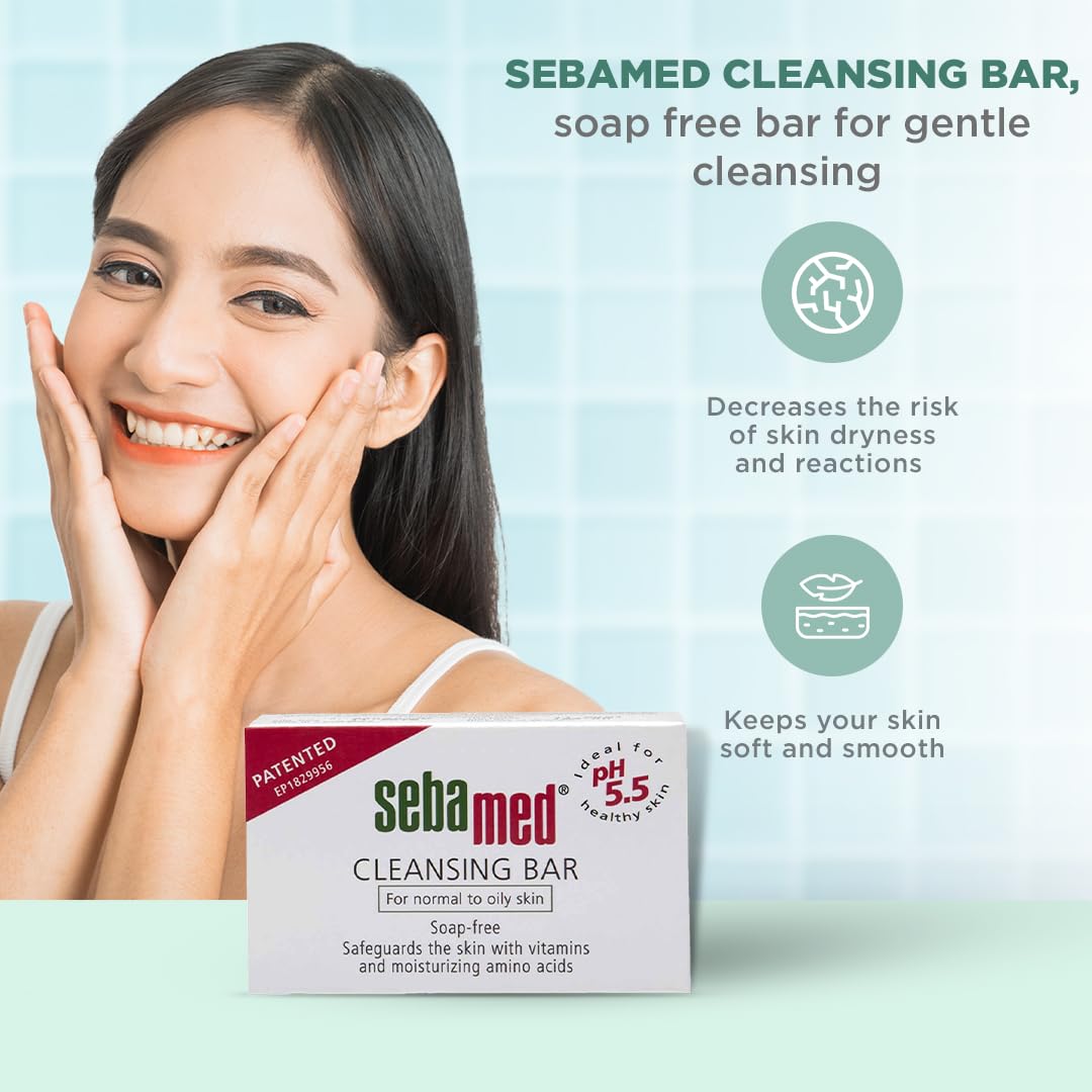 Sebamed bar being used on face (model’s cheek)