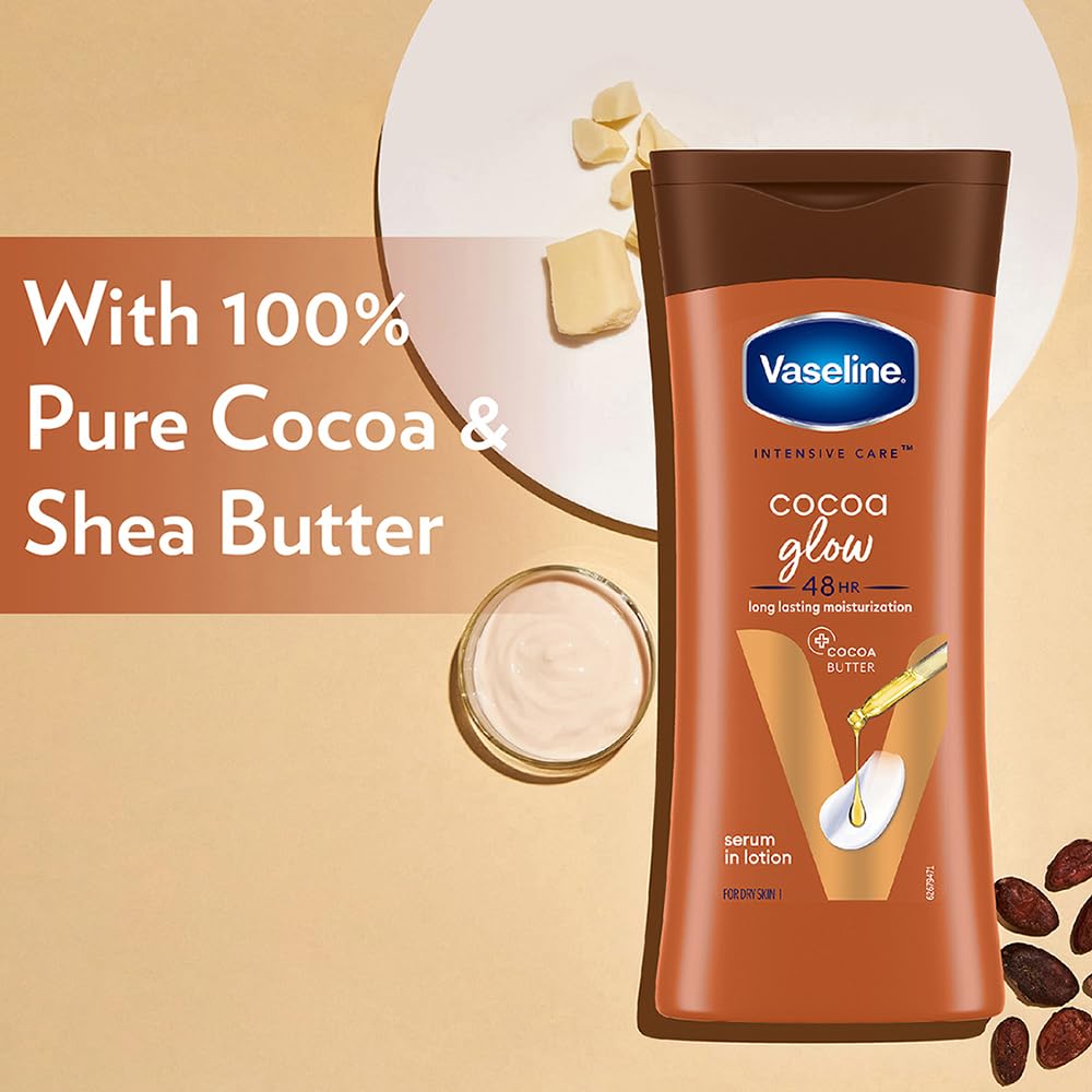 Vaseline Cocoa Glow body lotion with cocoa butter and shea butter on a beige background